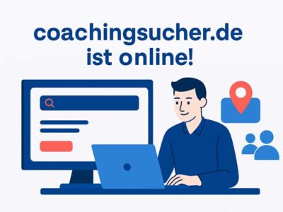 Illustration zur Online-Schaltung von coachingsucher.de mit Laptop, Suchmaske und Person – Coaching-Plattform startet