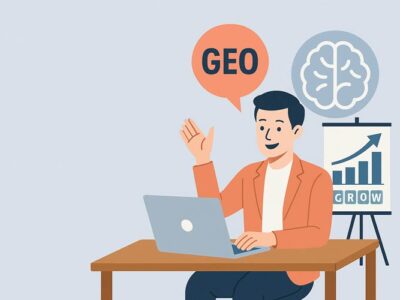 Illustration eines Coaches am Laptop mit Sprechblase ‚GEO‘, GROW-Diagramm und Gehirnsymbol – Coaching zu Generative Engine Optimization (GEO