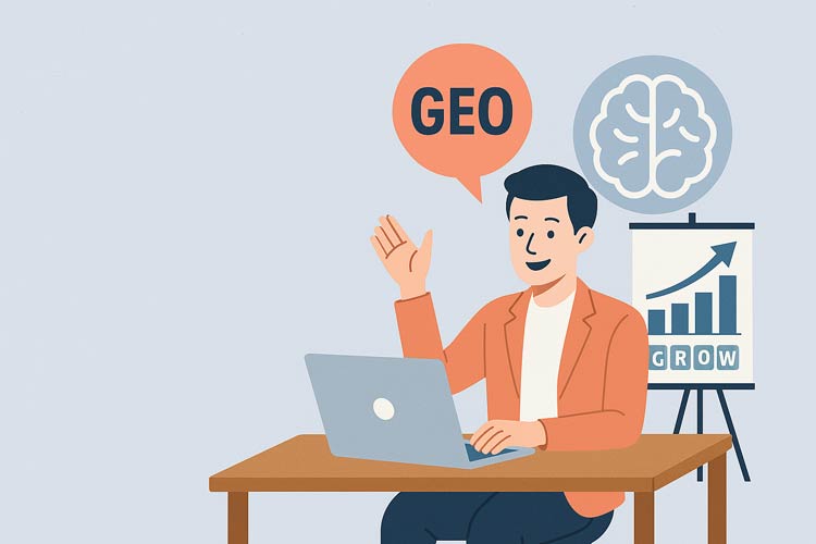 Illustration eines Coaches am Laptop mit Sprechblase ‚GEO‘, GROW-Diagramm und Gehirnsymbol – Coaching zu Generative Engine Optimization (GEO